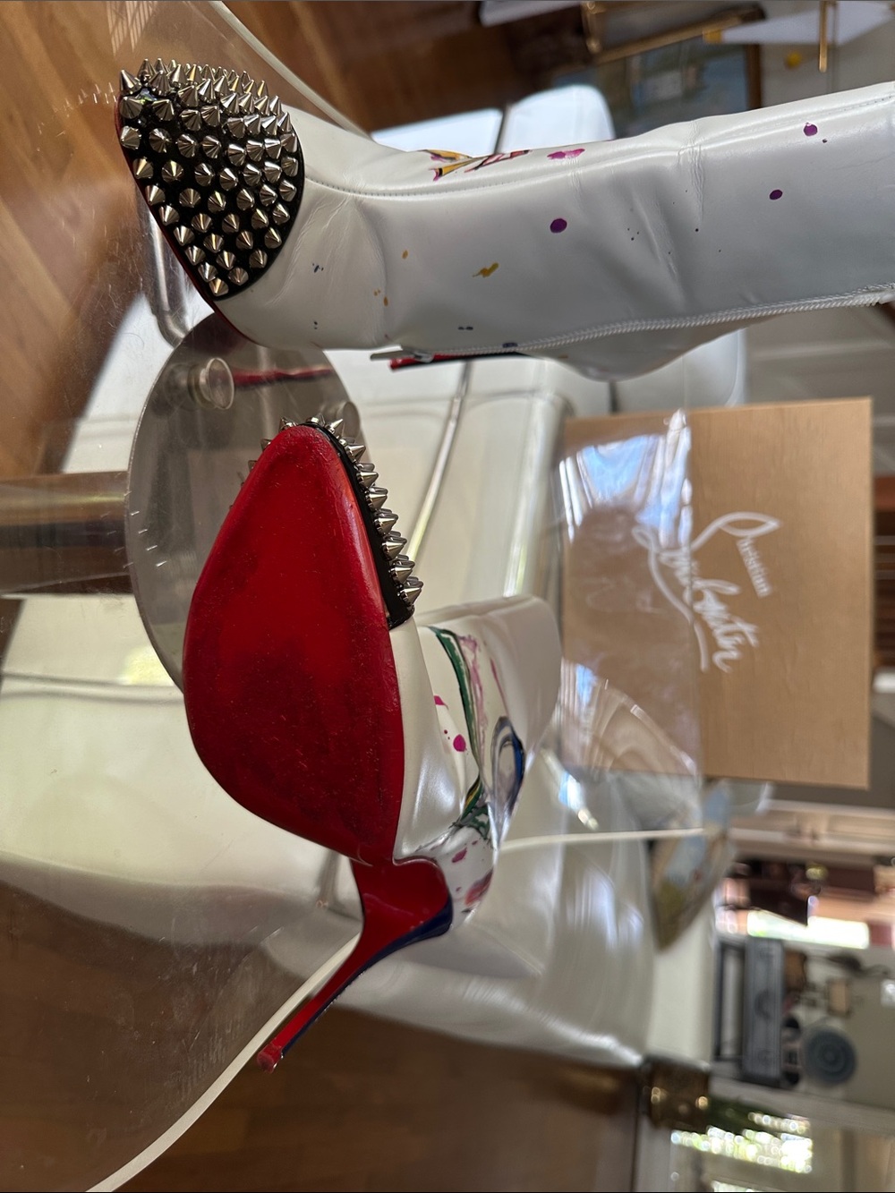 Christian Louboutin White Leather Hand-Painted Spike-Toe Ankle LOVE Boots - Picture 9 of 16